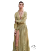 Olive green pleated maxi elegant vacation dress