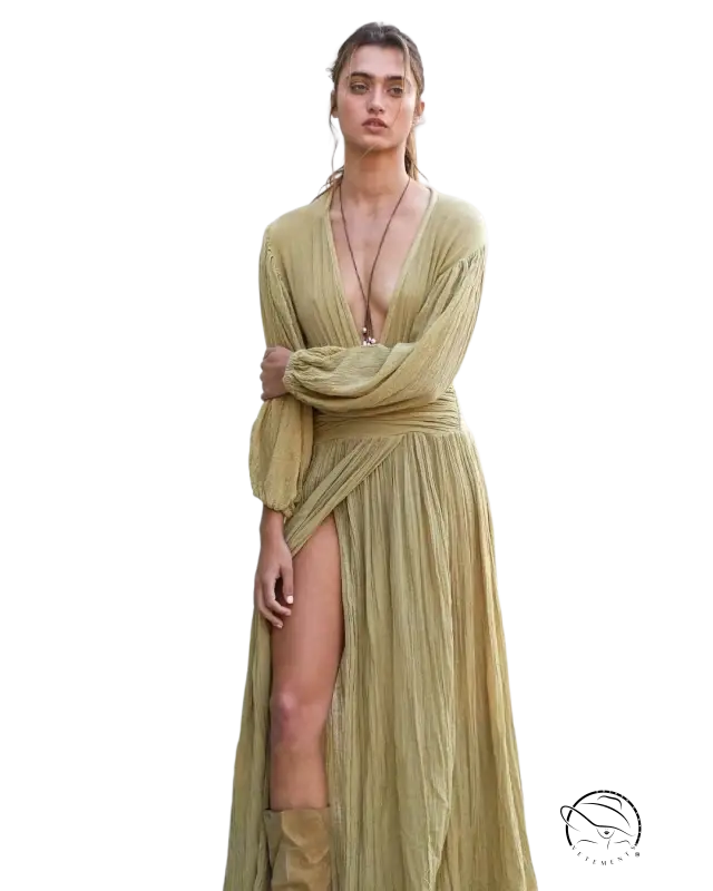 Olive green pleated maxi elegant vacation dress