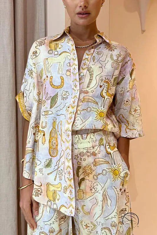 Summer casual horse-themed shirt and shorts set for women