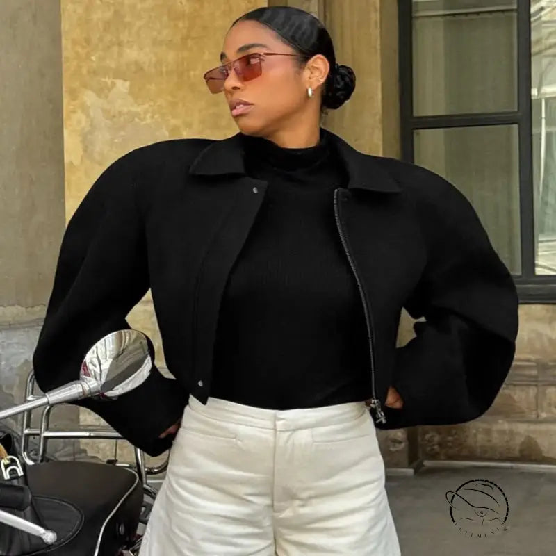 Langry fashion black cropped wool jacket with oversized sleeves and zipper details