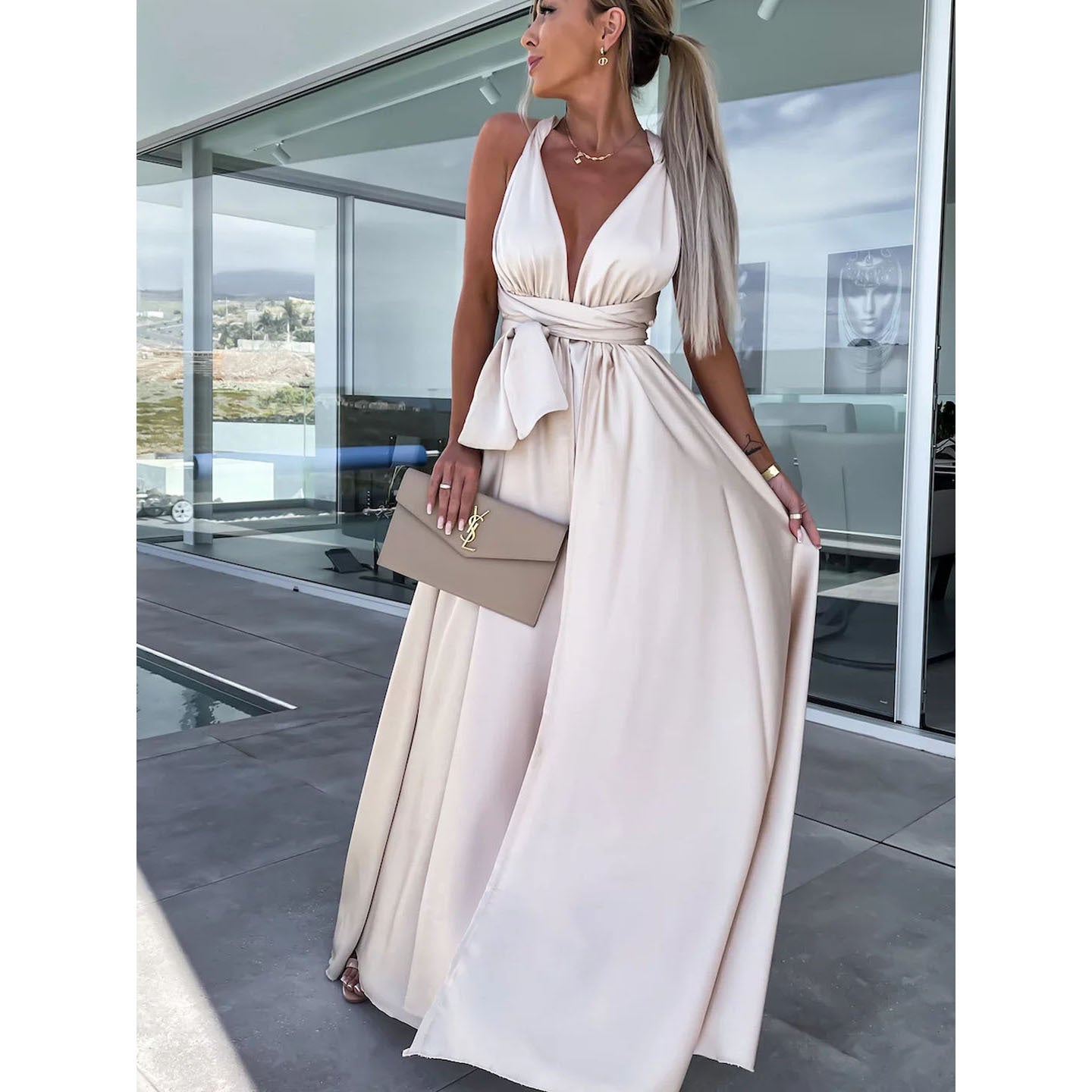 Elegant champagne-colored maxi dress from Langry, ideal for casual spring summer fashion