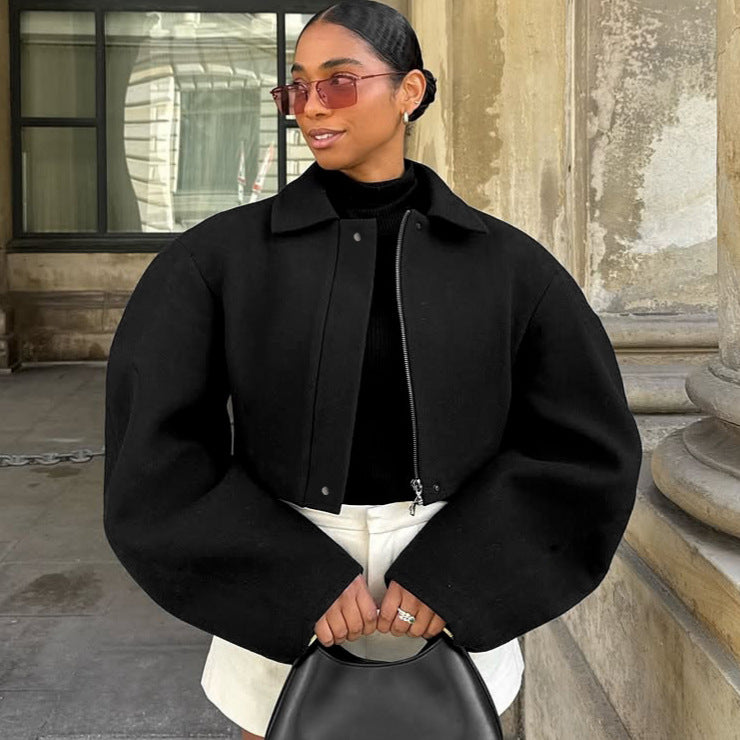 Black Langry fashion oversized woolen jacket with bell sleeves and zipper