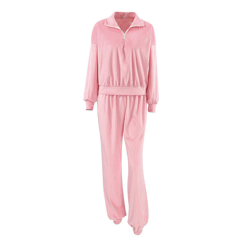 Gentle pink knitted velvet langry fashion tracksuit with half-zip collar
