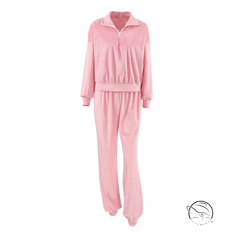 Gentle pink knitted velvet langry fashion tracksuit with half-zip collar
