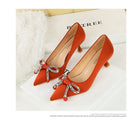 Langry fashion orange satin pointed stiletto heels with rhinestone bows