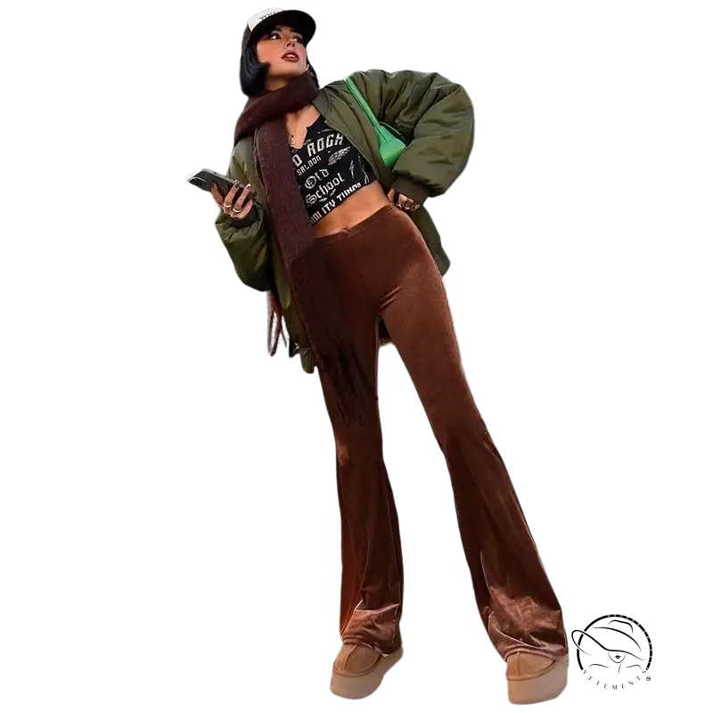 High waist slimming bootcut in blackish green puffer jacket with tee and pants