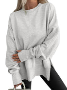 Light gray Langry fashion oversized casual loose round neck pullover sweatshirt with drawstring hem and long sleeves