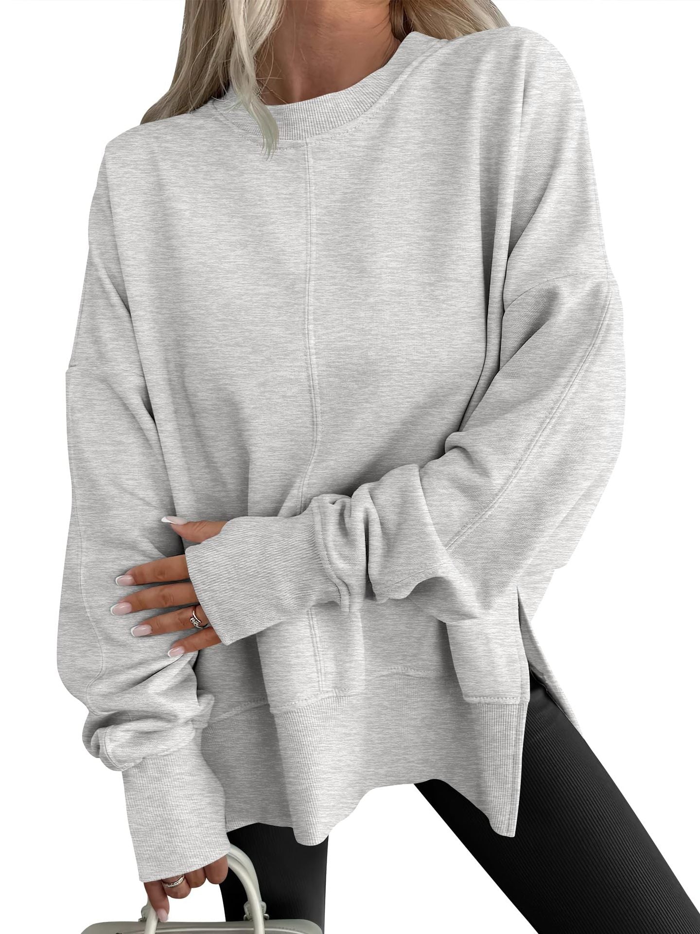 Light gray Langry fashion oversized casual loose round neck pullover sweatshirt with drawstring hem and long sleeves
