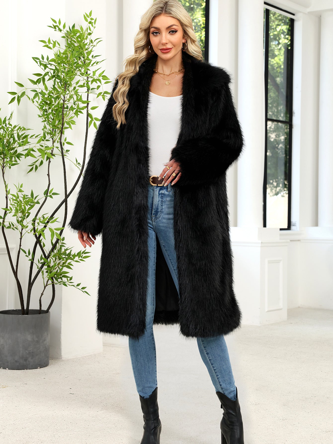 Long warm faux fur plush coat in black, plush long-length fashion design