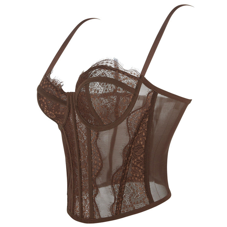 Brown lace lingerie set with sheer mesh in Camisole fashion