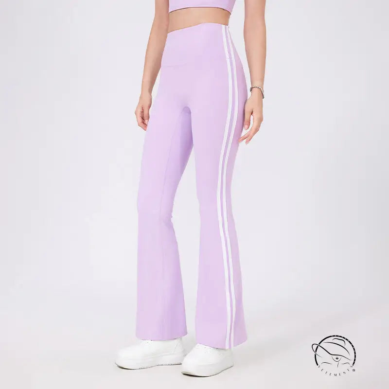 Lilac high waist yoga pants with white stripes and peach hip raise