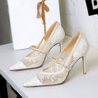 Langry fashion white lace stiletto heels with gold accents and rhinestones
