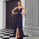 Elegant slim fit langry fashion evening dress in deep purple with plunging neckline