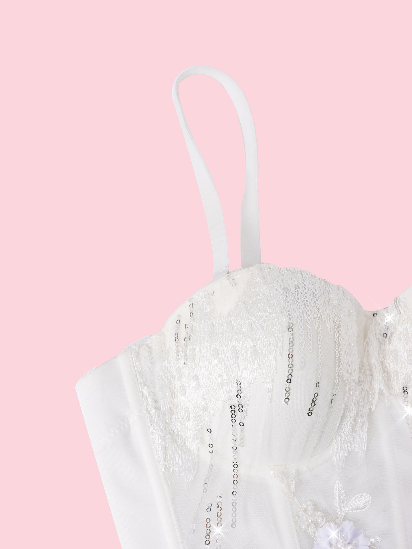 White lace bra with sequins and floral details from Langry fashion ملابس