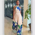 Summer printed cream halter-neck flared shorts jumpsuit with leaf patterns