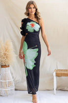 Black floral one-shoulder dress from Gorgeous Mesh Slim Fit Dress, perfect for langry fashion