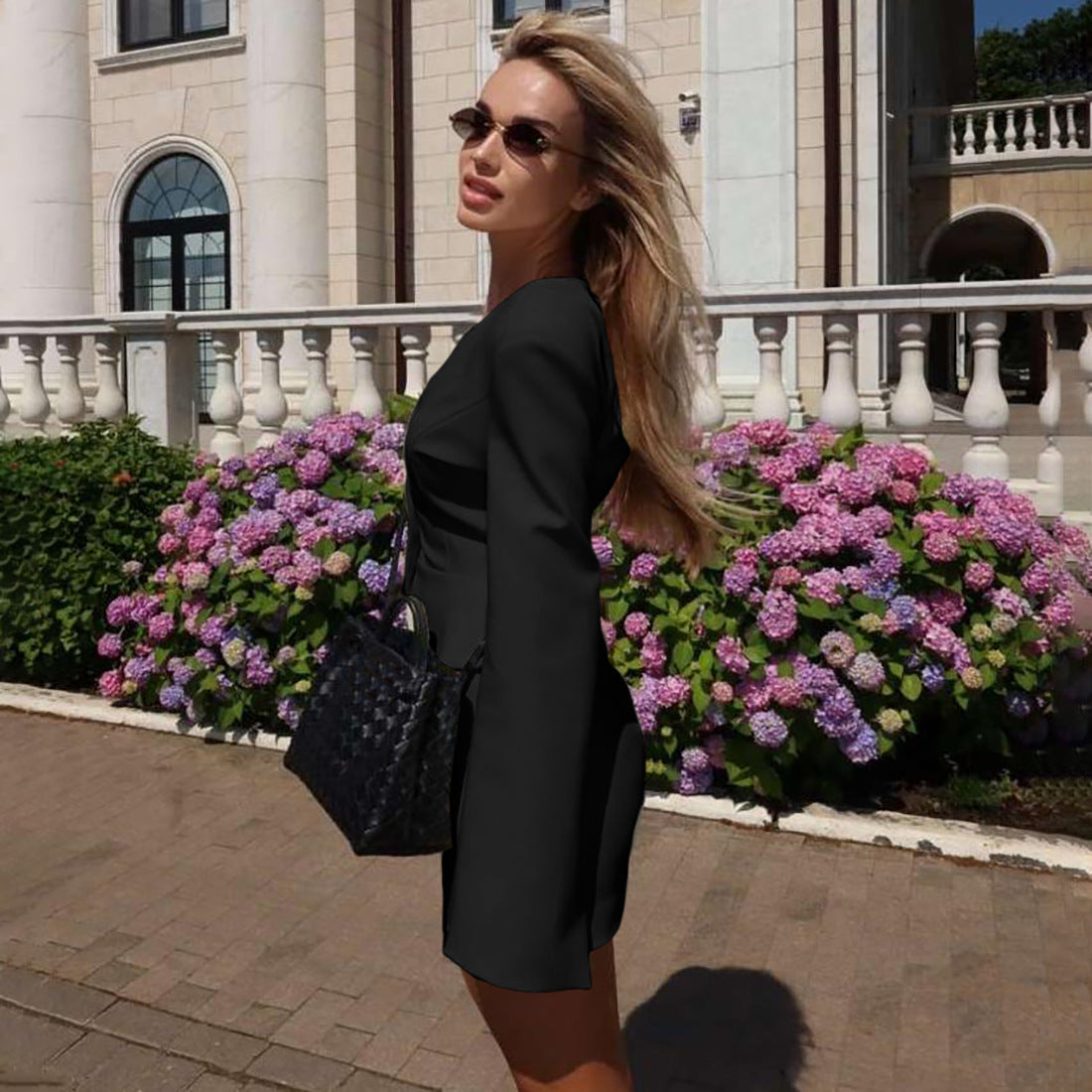 Langry fashion black leather handbag with quilted pattern and silver hardware