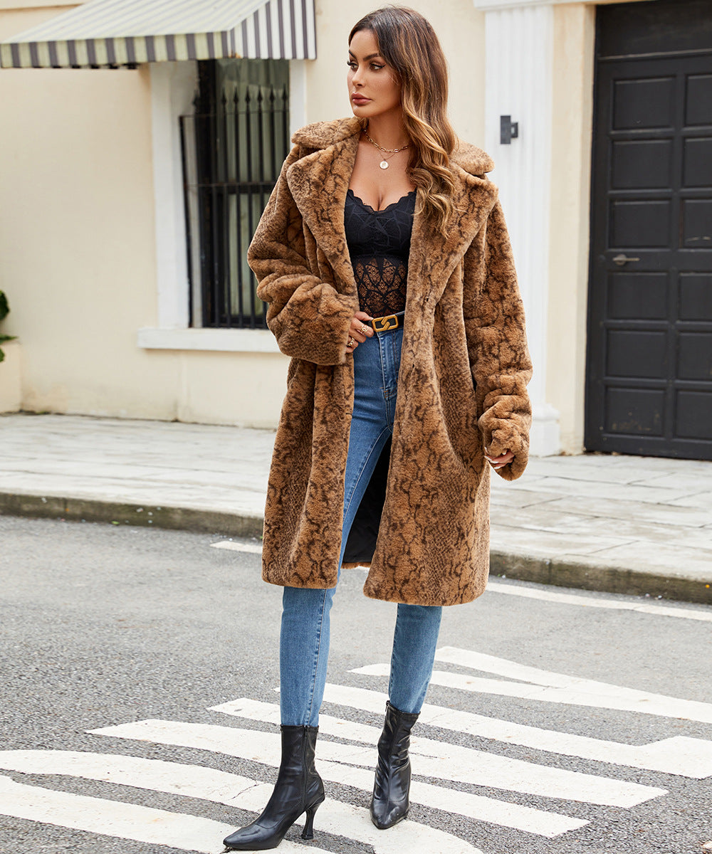 Modern retro faux fur plush coat in medium-brown textured pattern with cozy hood