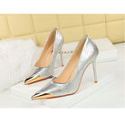 Langry fashion silver high heel pumps with gold accents and pointed toes