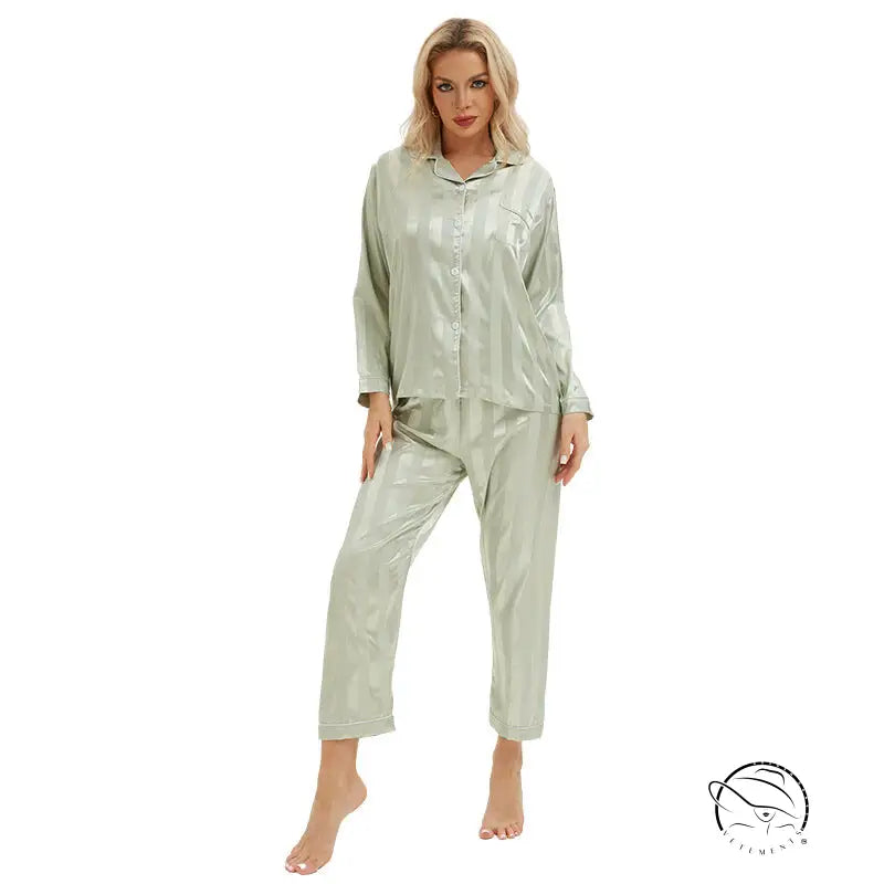 Sleek light green satin langry pajama set with button-up shirt and cropped pants