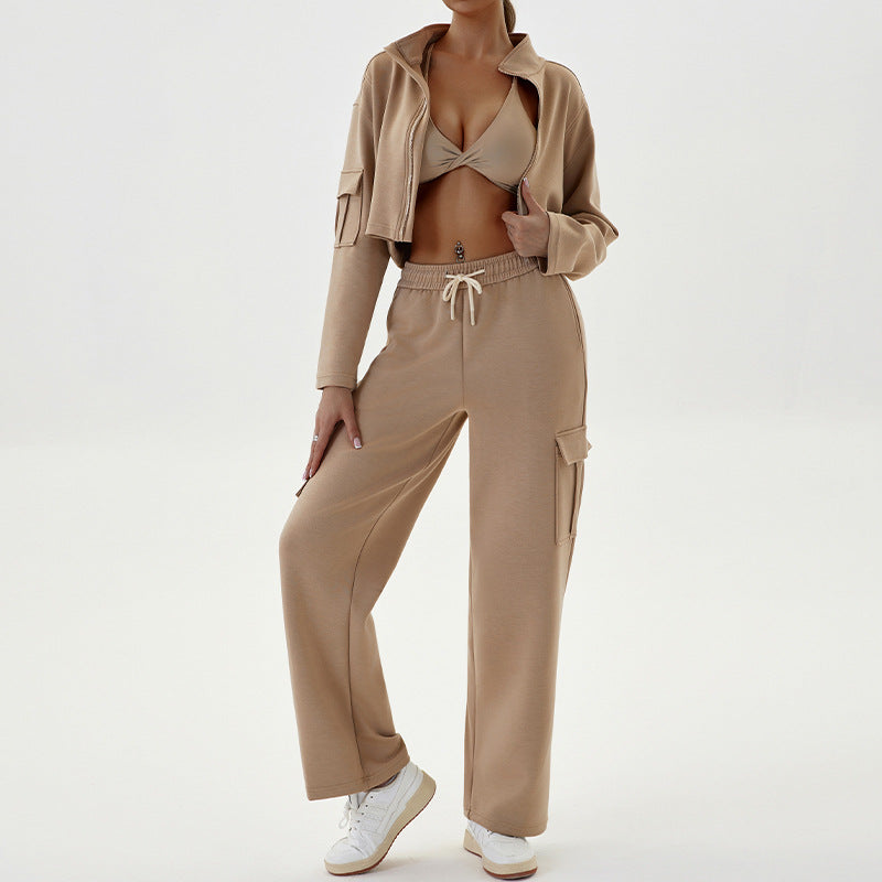 Beige three-piece athletic outfit for women autumn winter fashion and ملابس activewear