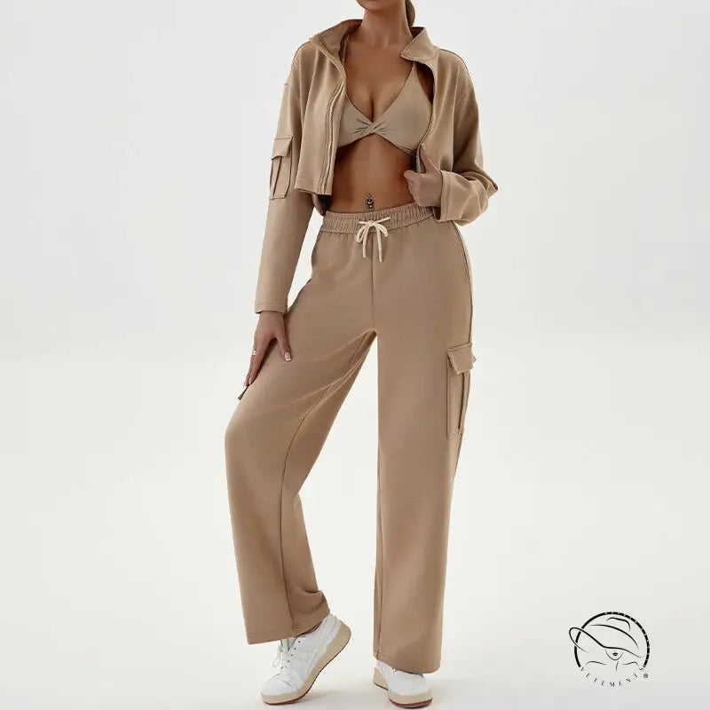 Beige three-piece winter workwear casual sports set with zipper