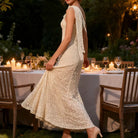 Elegant cream lace sleeveless langry fashion dress with high neckline and slim waist