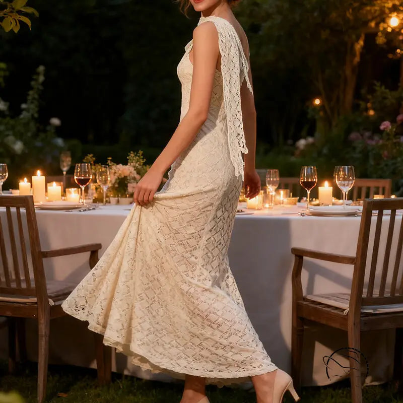 Elegant cream lace sleeveless langry fashion dress with high neckline and slim waist