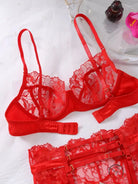 Red lace embroidery lingerie set with steel ring push-up and bow details