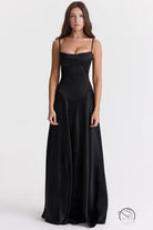 Elegant sleeveless black satin gown in langry fashion evening dress
