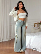 Light-wash wide leg denim pants with white lace-up side ties, casual fashion