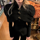 Langry fashion black velvet cape with gold buttons and ruffled edges