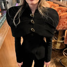 Langry fashion retro black slim top with velvet cape, gold buttons, ruffles