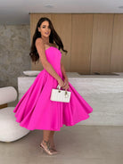 Strapless bright pink full-skirted Gorgeous Midi Dress for fashionable occasions and ملابس