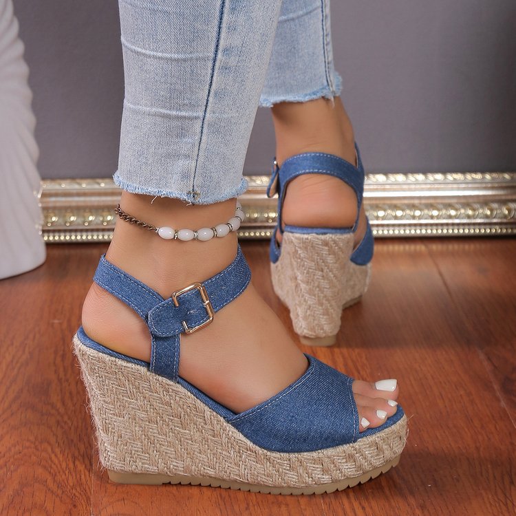One Strap Wedge Sandals Women Platform Cloth High Heel Straw