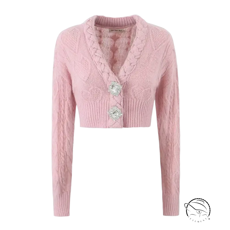 Pink cropped cardigan sweater coat with cable knit pattern and decorative buttons