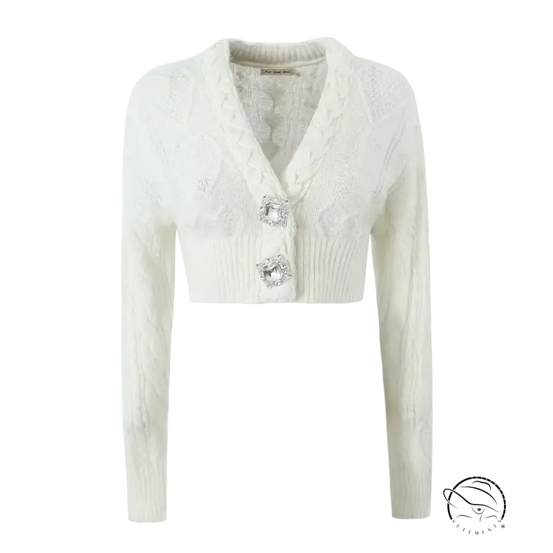 White knitted cardigan sweater coat with crystal buttons and ribbed knit pattern