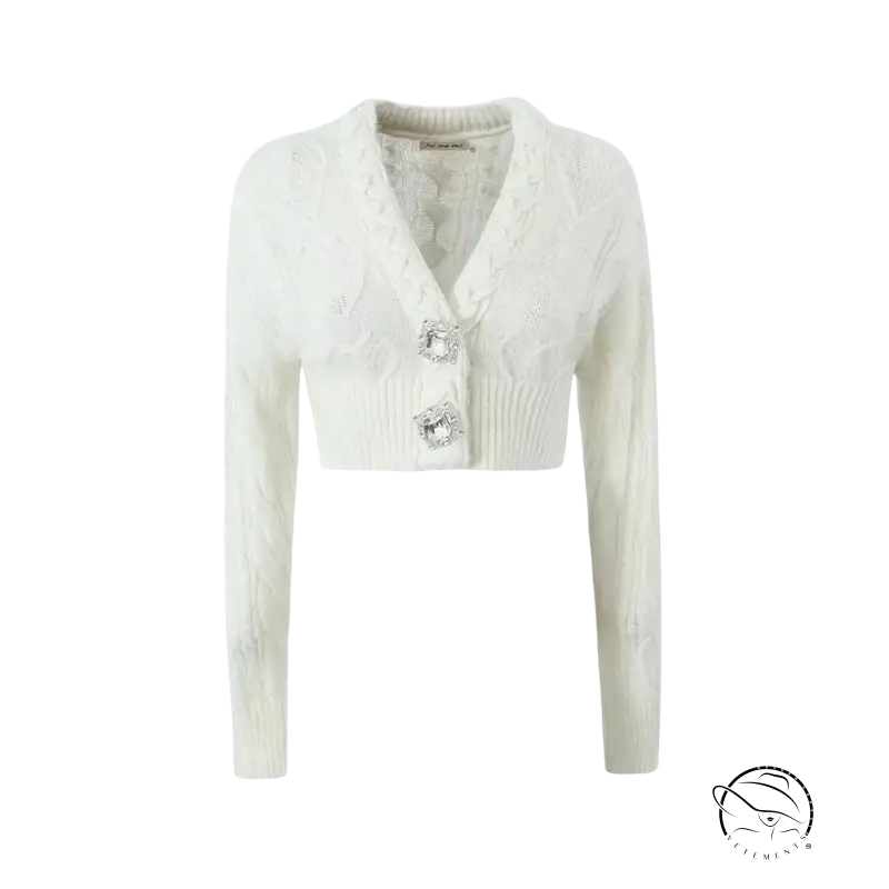 White long-sleeve knitted cardigan sweater coat with crystal button closures