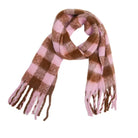 Checkered pink and brown fringed ends on a white wool scarf with colorful print