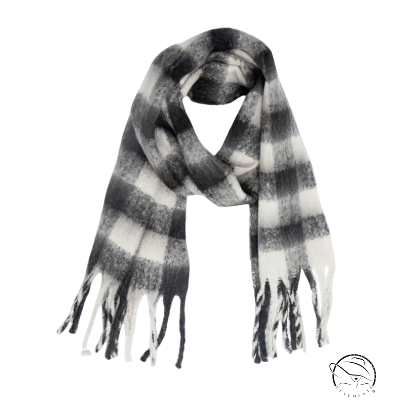 Striped gray and white wool scarf with fringed ends, ideal for stylish layering