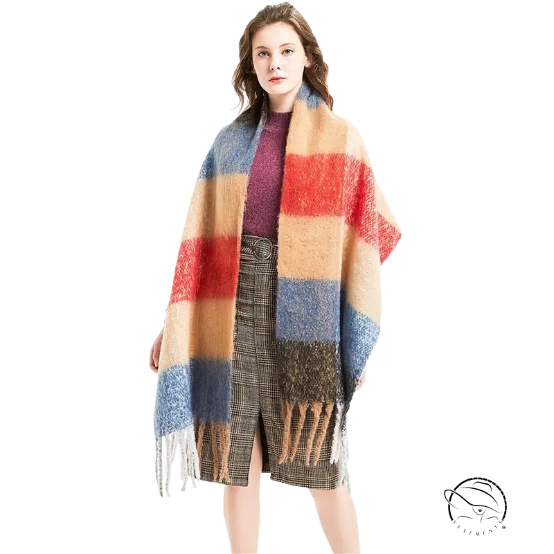 Colorful plaid blanket scarf with fringe tassels in purplish red, sapphire blue and tan