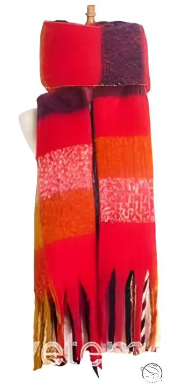 Woven Scarf in Purplish Red with Fringed Raw Edges featuring wool stitching and tassels