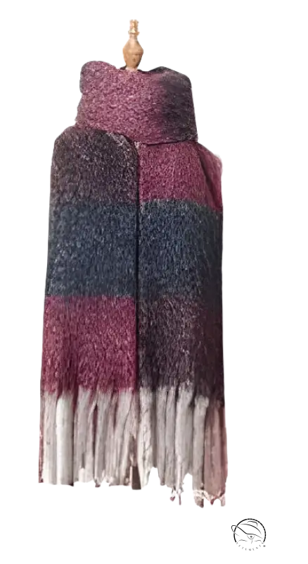 Striped winter scarf in purplish red, sapphire blue, and cream with fringed raw edges