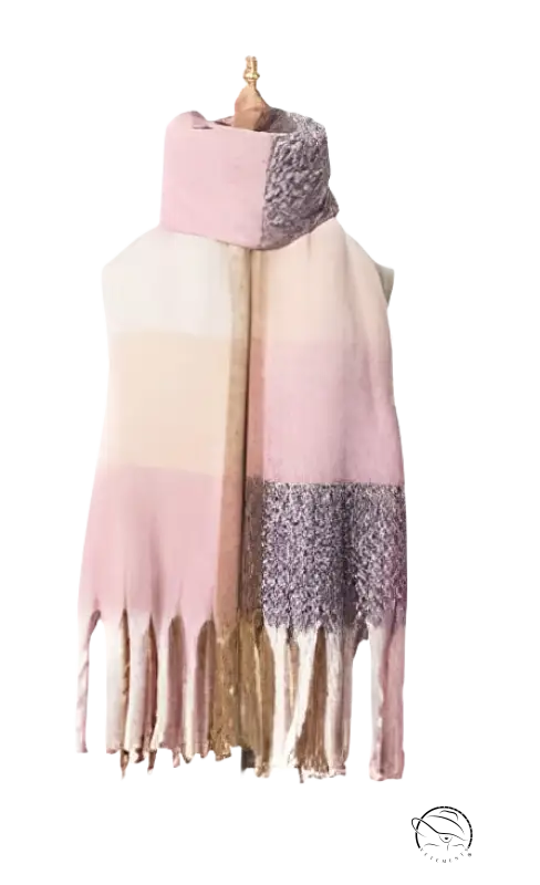 Pink and gray color-blocked wool stitching scarf with fringed ends in purplish red