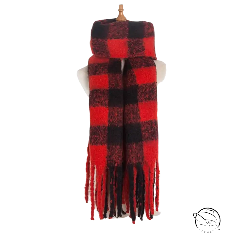 Red and black buffalo plaid scarf with fringe tassels in purplish red wool stitching