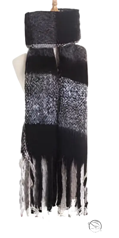 Black and gray striped wool stitching scarf with fringed tassels in purplish red
