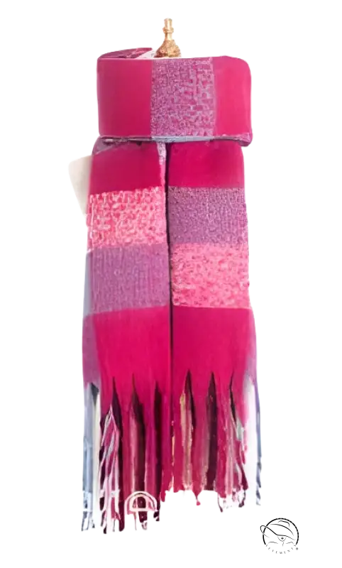 Pink and purple striped candle with dripping wax effect near purplish red wool stitching scarf