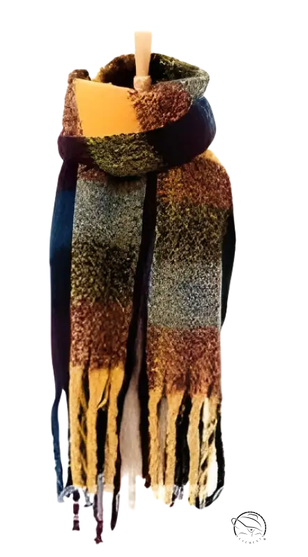 Multicolored wool stitching scarf in purplish red with fringed ends and earth-toned stripes