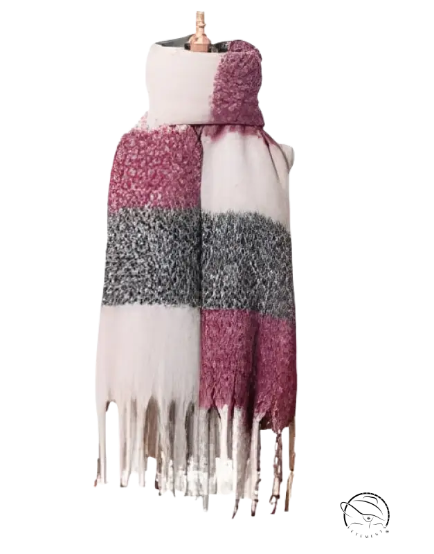 Striped wool stitching scarf in purplish red, gray, and white with fringe tassels