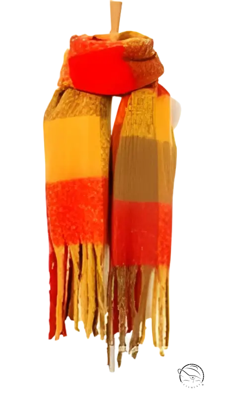 Woven Scarf in Purplish Red with fringe and wool stitching, featuring striped design